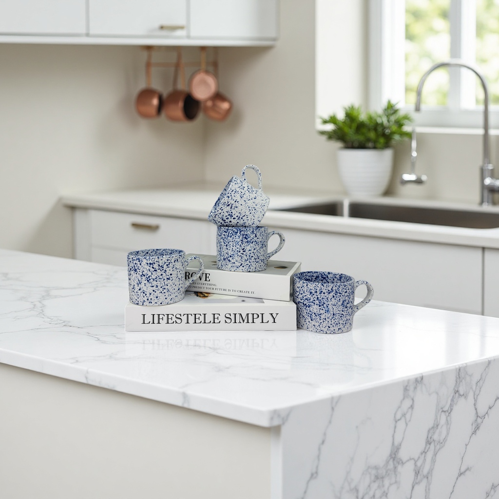 Blue and white spotted ceramic mug, simple home water cup, 350ml, heat-resistant handle Application Scenario