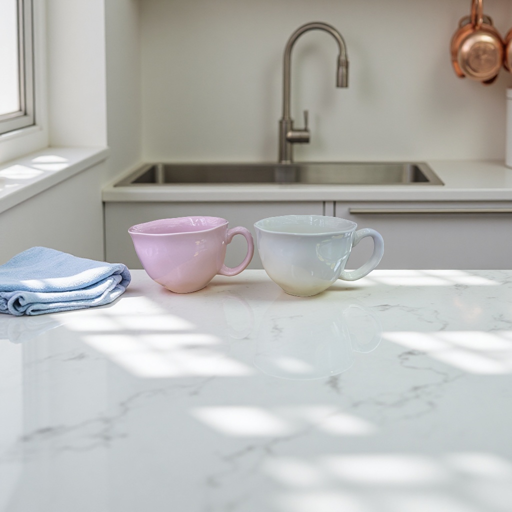 A simple home coffee and tea set made of pink and white ceramic cups through high-temperature firing