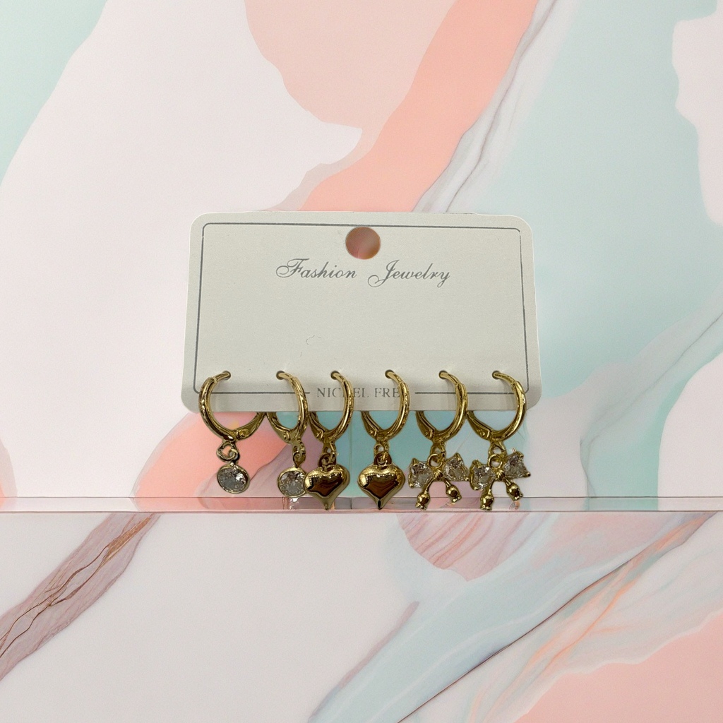 金色耳环饰品五对装圆形心形蝴蝶结吊坠Fashion Jewelry白色卡片