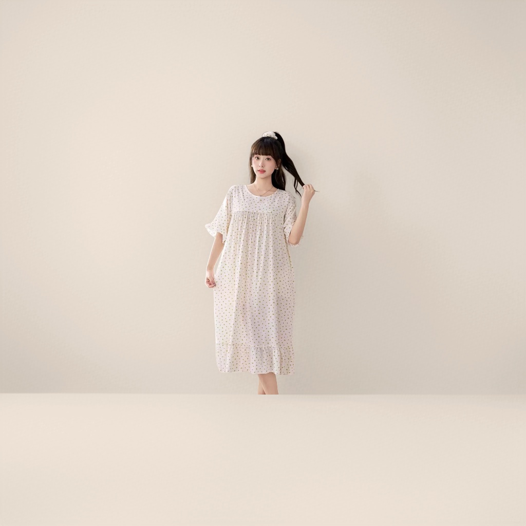 白色心形碎花长款睡裙+女性细节图