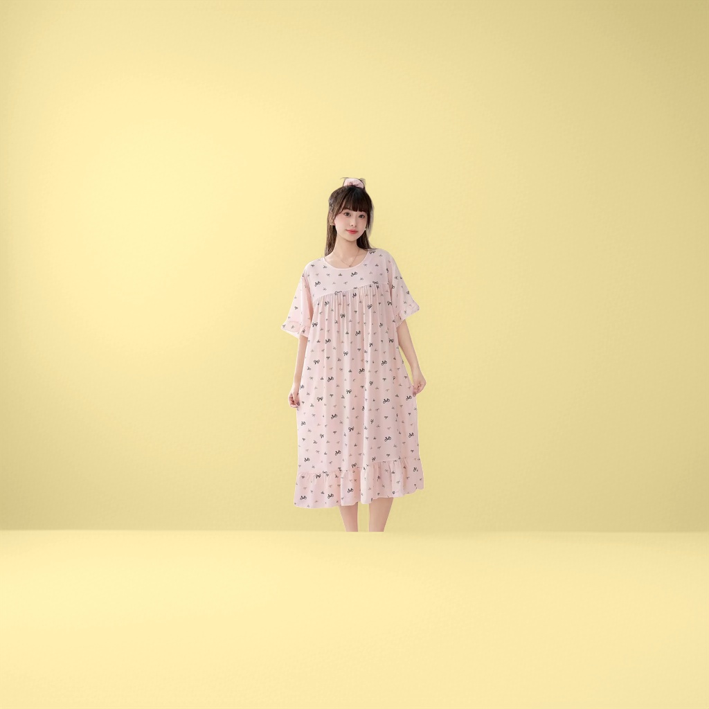 粉色蝴蝶结图案睡裙 女式纯棉宽松短袖夏季家居服