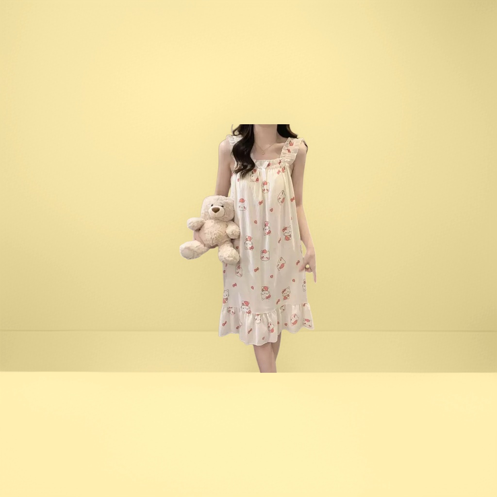 米色Hello Kitty印花吊带睡裙 女夏纯棉宽松短袖家居服