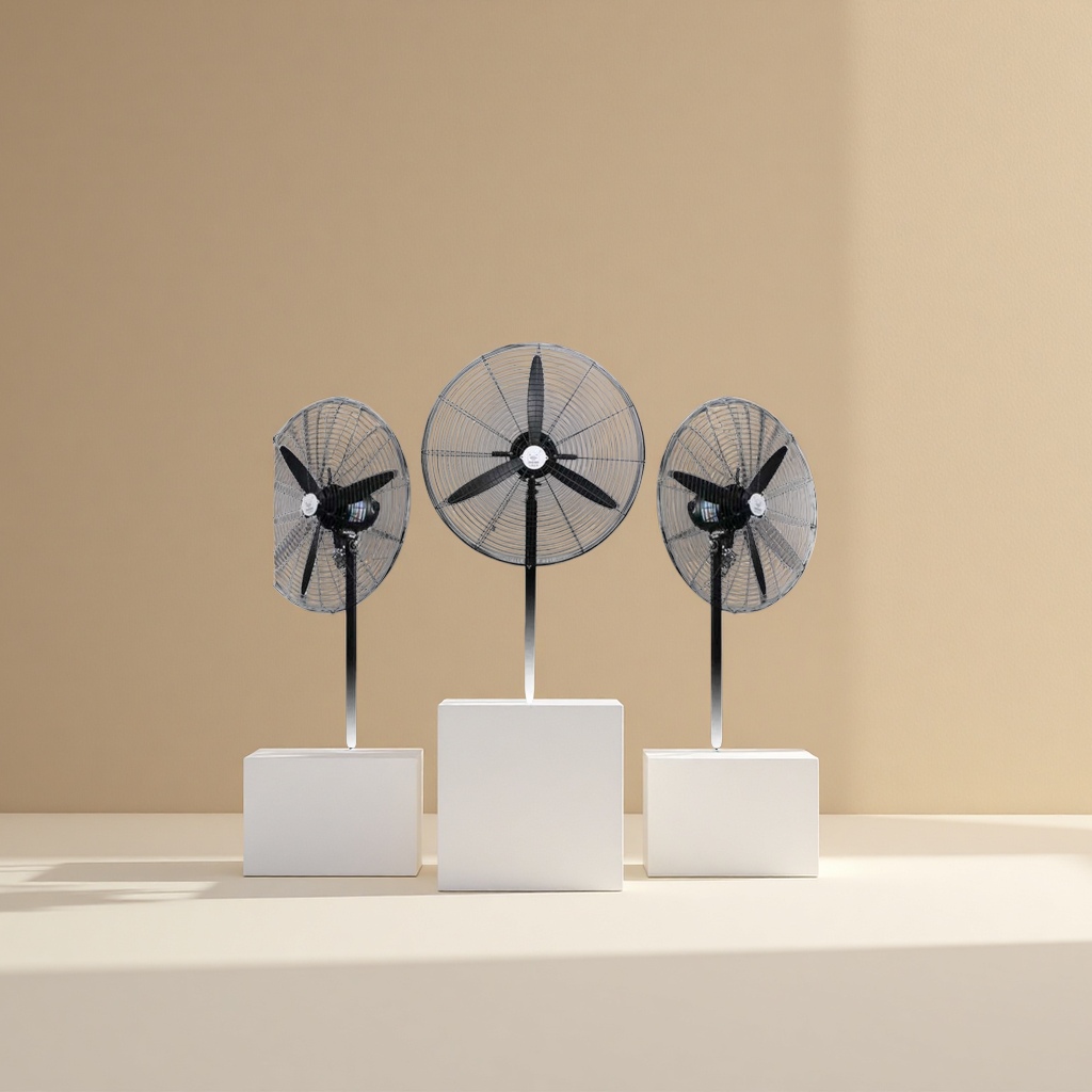 Three black industrial fans are displayed side by side, with 60° oscillating metal protective mesh covers and three-blade fan blades facing both sides in the middle Application Scenario