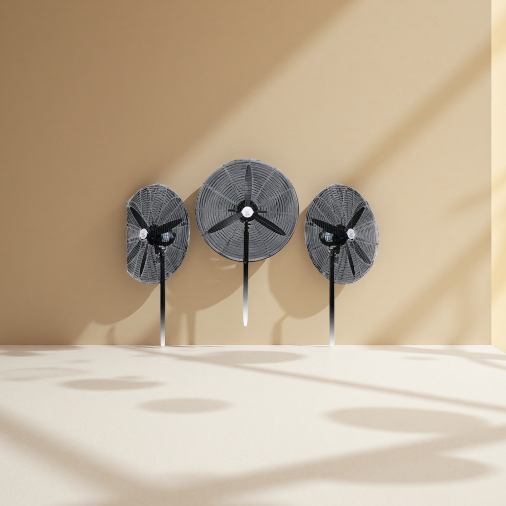 Three black industrial fans are displayed side by side, with 60° oscillating metal protective mesh covers and three-blade fan blades facing both sides in the middle details Picture
