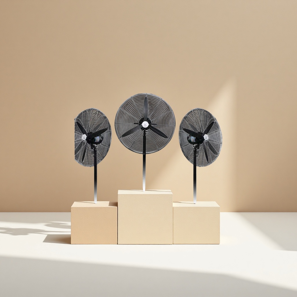 Three black industrial fans are displayed side by side, with 60° oscillating metal protective mesh covers and three-blade fan blades facing both sides in the middle Specification image
