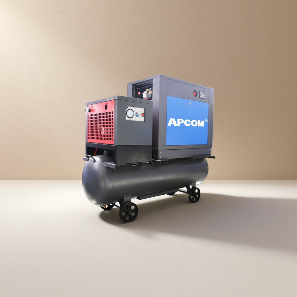 The black air compressor is equipped with a red heat sink, a blue APCOM logo, and a bottom air storage tank with wheels details Picture