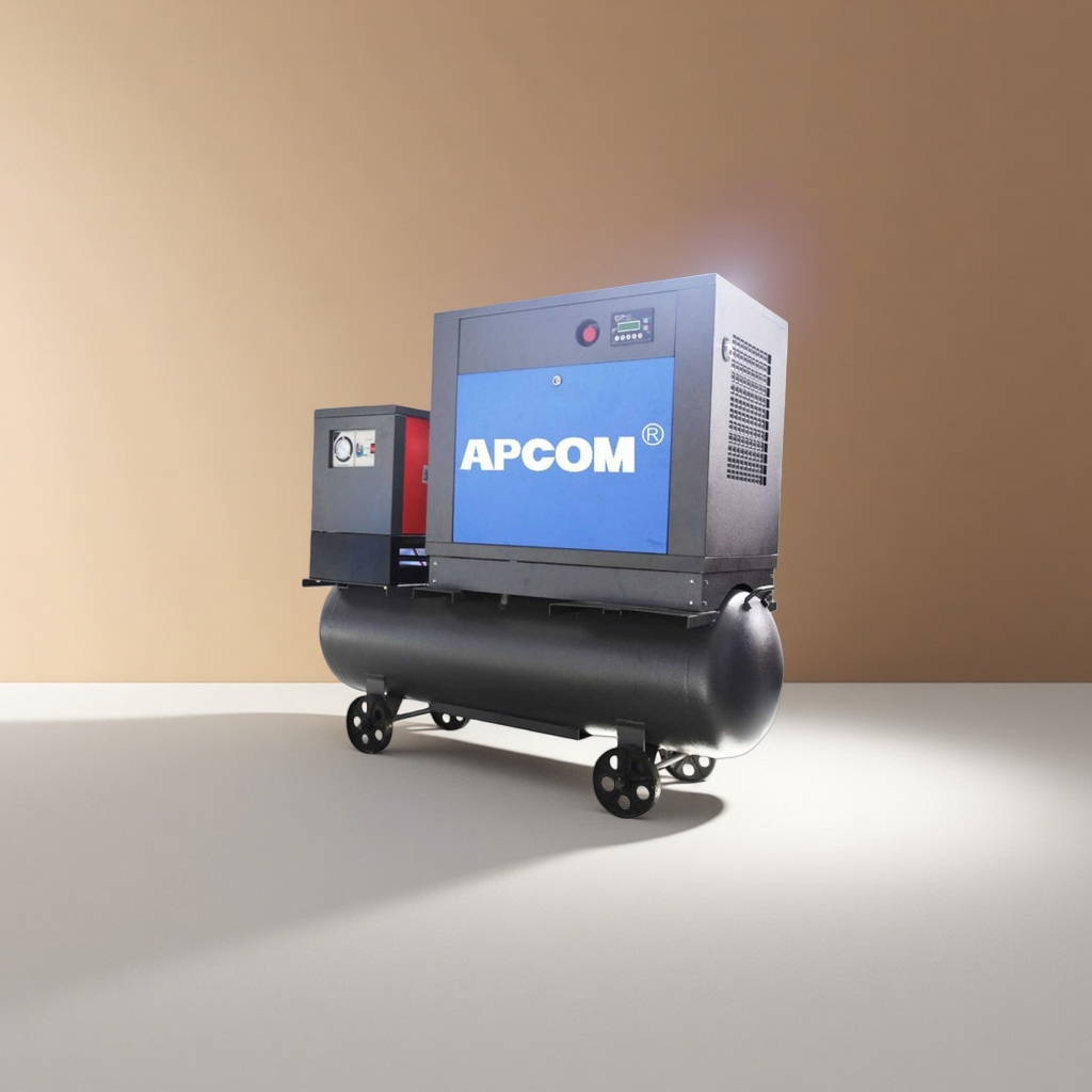 The black air compressor is equipped with a red heat sink, a blue APCOM logo, and a bottom air storage tank with wheels Application Scenario