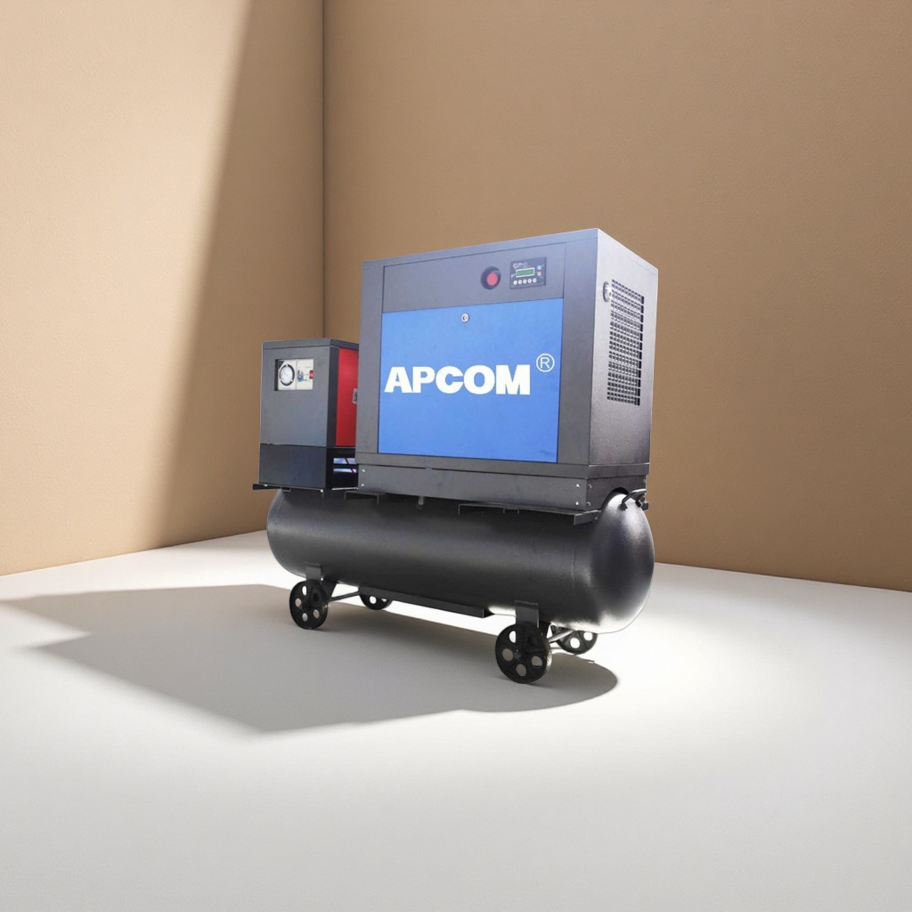 The black air compressor is equipped with a red heat sink, a blue APCOM logo, and a bottom air storage tank with wheels Specification image