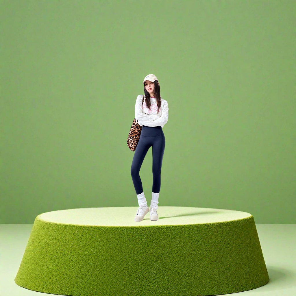 Reference pictures of a female model's outfit with a white sweater and dark blue fleece skinny pants
