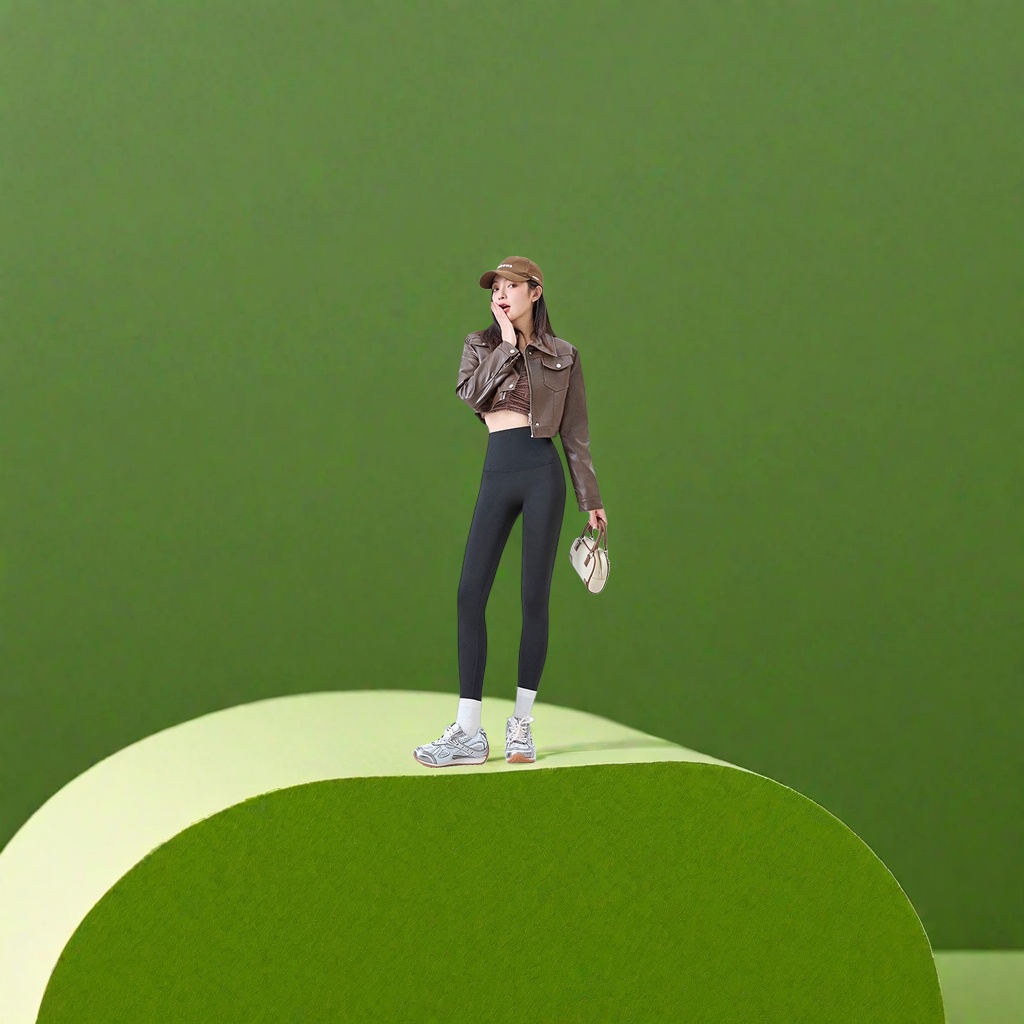 A female model's outfit demonstration featuring a brown leather jacket paired with black high-waisted fleece tights