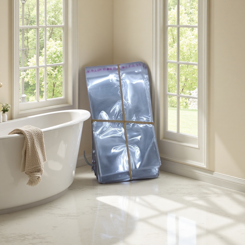 Transparent PVC stacked plastic bags with elastic rubber bands for home organization and storage