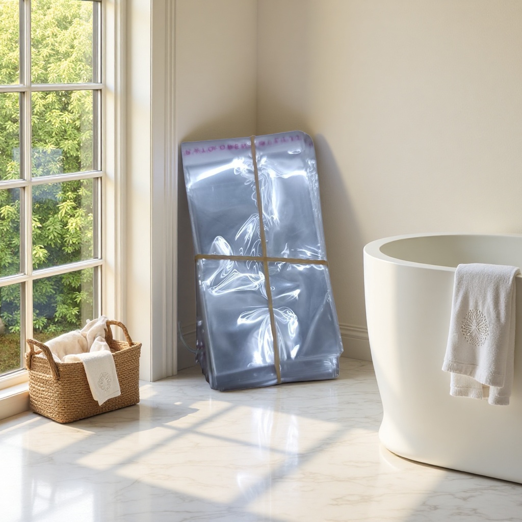 Transparent PVC stacked plastic bags with elastic rubber bands for home organization and storage Specification image