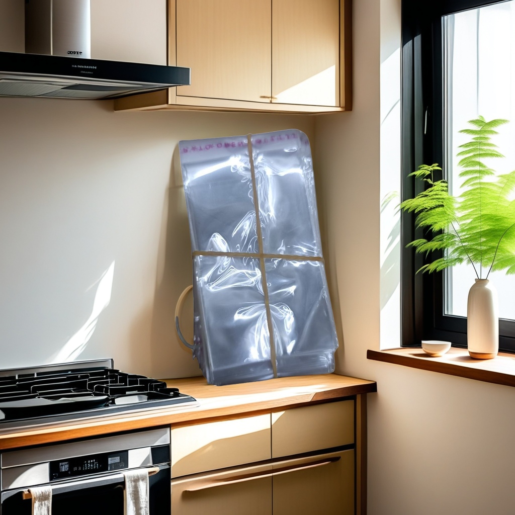 Transparent plastic bags are stacked and tied with yellow rubber bands for food-grade PE material kitchen preservation and storage