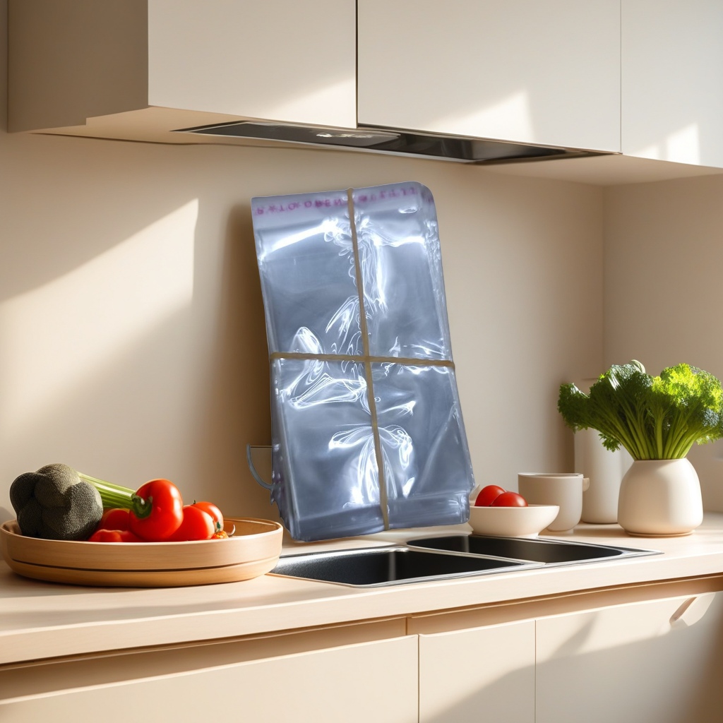 100 food-grade PE transparent plastic bags are stacked and tied with yellow rubber bands for kitchen storage Application Scenario