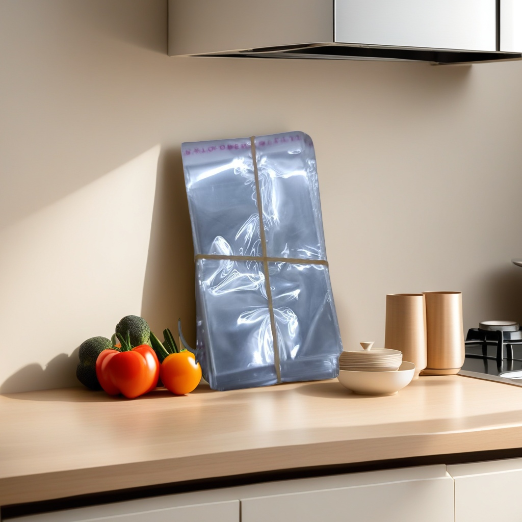 100 food-grade PE transparent plastic bags are stacked and tied with yellow rubber bands for kitchen storage Specification image