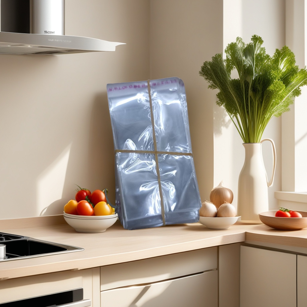 100 food-grade PE transparent plastic bags are stacked and tied with yellow rubber bands for kitchen storage