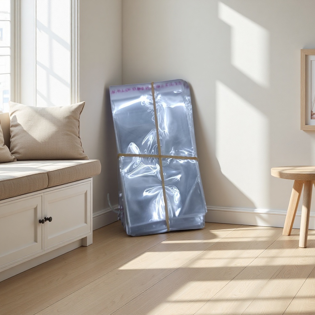 A portable household storage and organization bag with transparent plastic bags stacked and bound with rubber bands