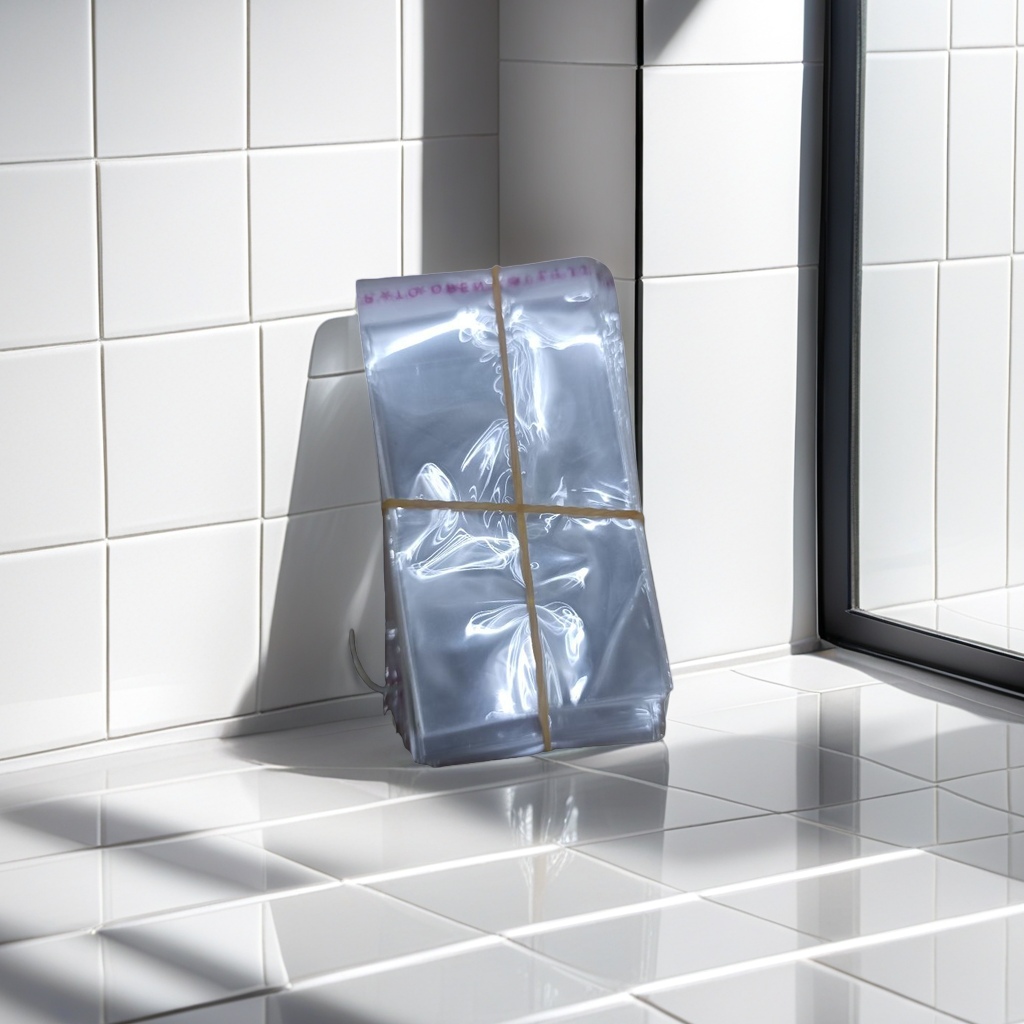 The transparent plastic bags are stacked for storage, and the yellow rubber bands are used for binding, which is light, durable and suitable for home organization