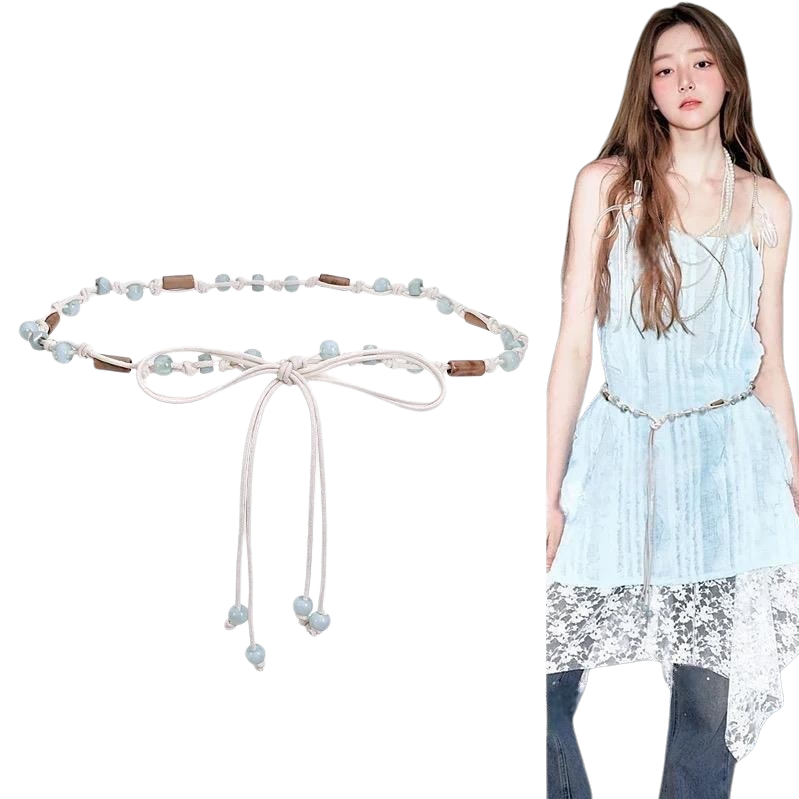The light blue beaded woven belt is a fashionable and versatile waist-cinching decoration for women Item Picture