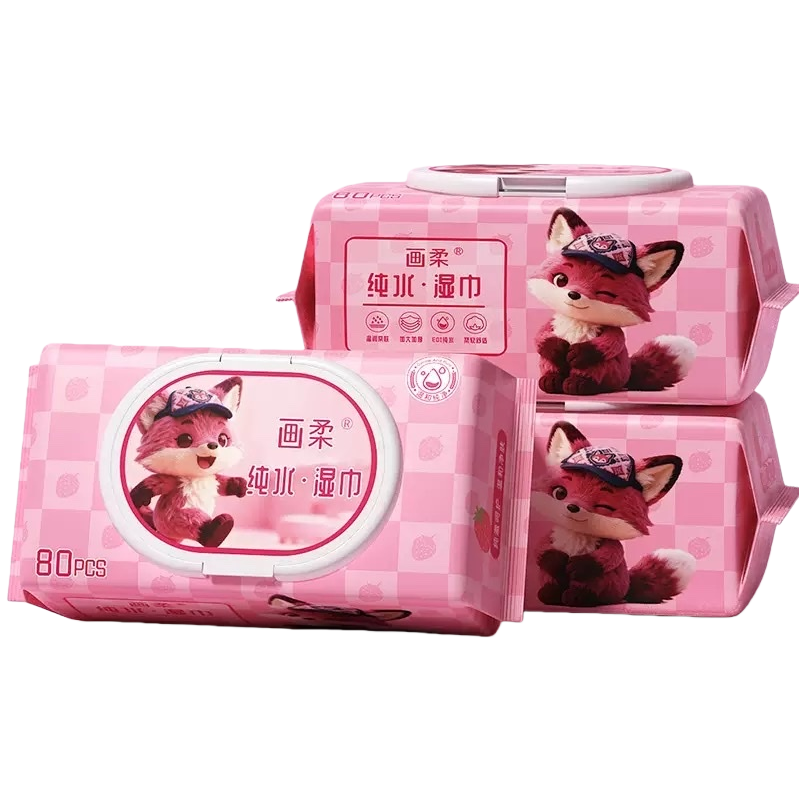 Pink checkered packaged cartoon fox wet wipes Portable baby hand and mouth cleaning wet wipes Item Picture