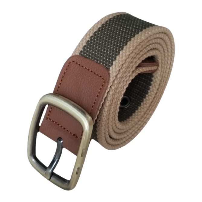 Beige and dark grey patchwork fabric belt with brown leather lining and metal buckle Item Picture