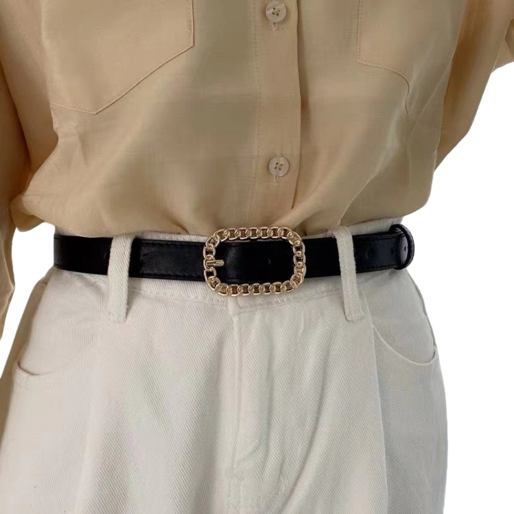 A simple and versatile men's leather belt with a black belt and golden chain buckle Item Picture