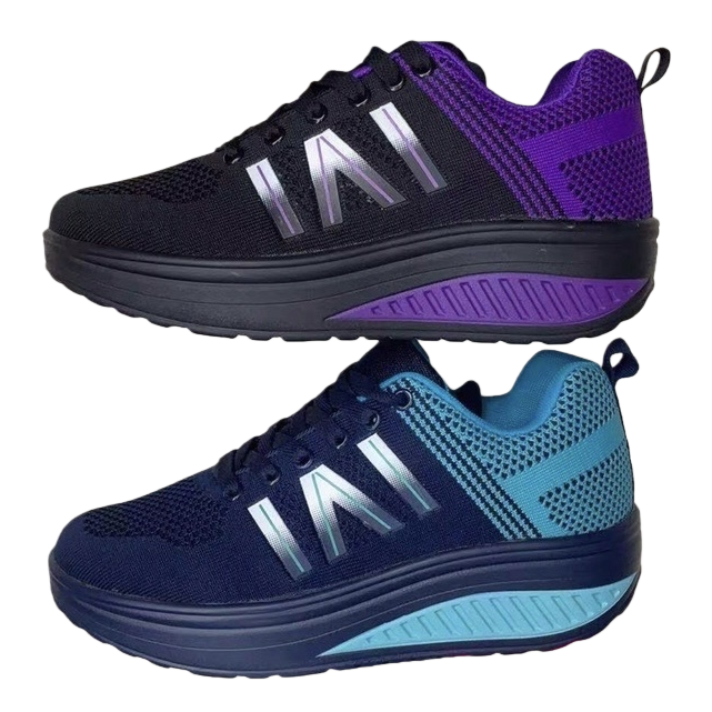 Black and purple color and blue and cyan color sports shoes