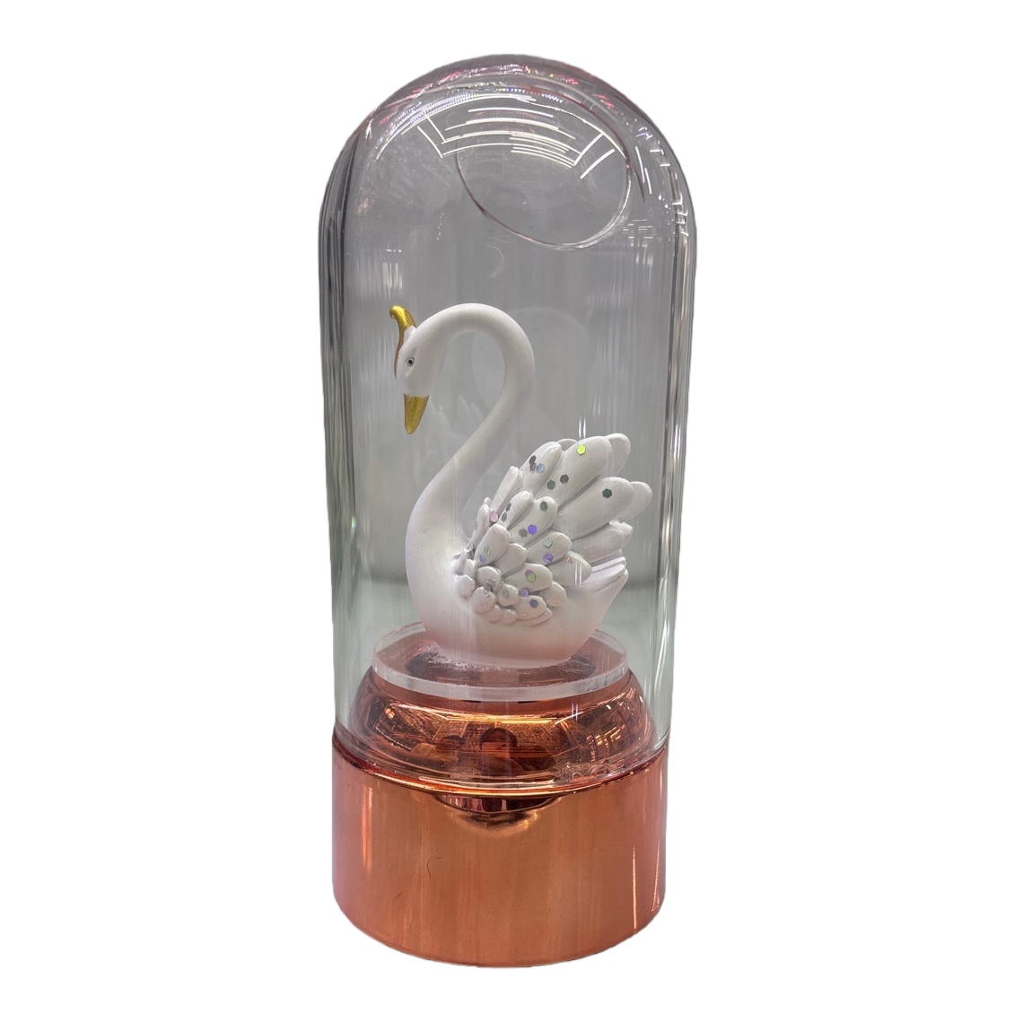 白色天鹅摆件透明玻璃罩玫瑰金底座彩片翅膀金色喙 Item Picture