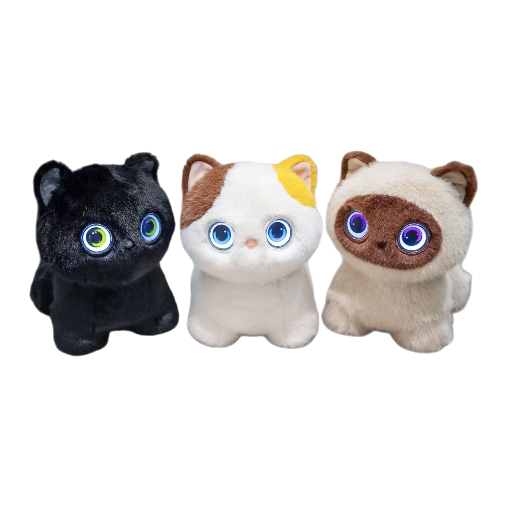 三只发光眼睛的毛绒猫咪玩具白底实物图