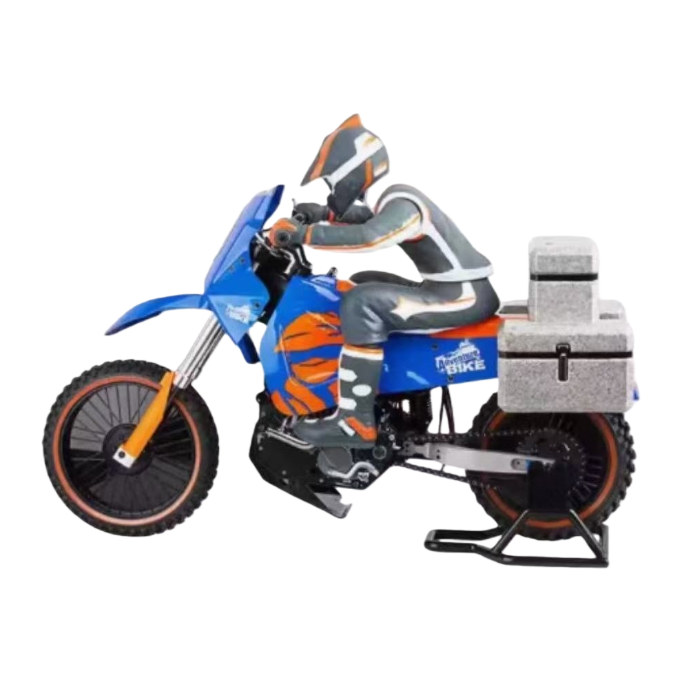 A blue and orange off-road motorcycle with a rider and a rear storage box Item Picture