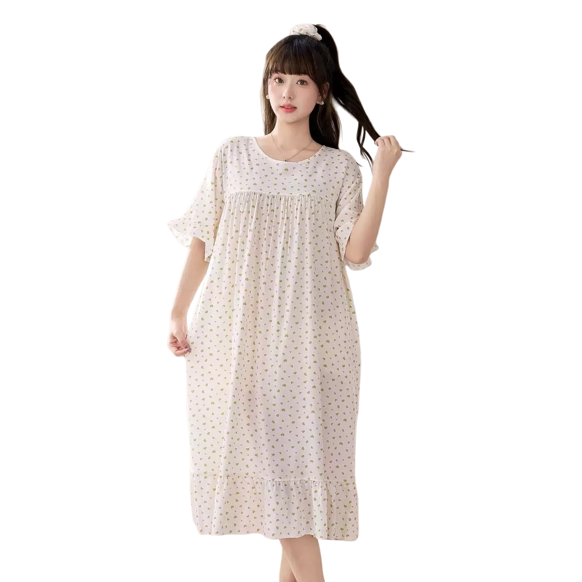 白色心形碎花长款睡裙+女性白底实物图