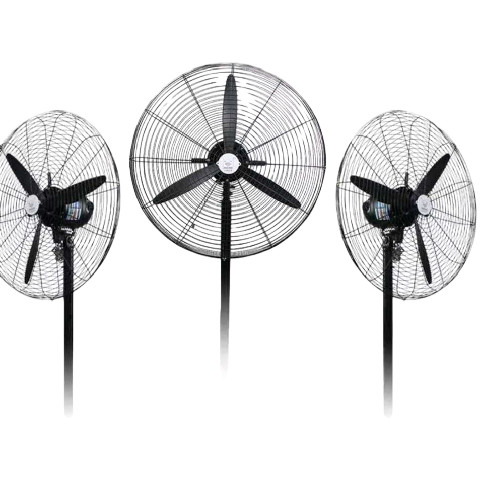 Three black industrial fans are displayed side by side, with 60° oscillating metal protective mesh covers and three-blade fan blades facing both sides in the middle Item Picture