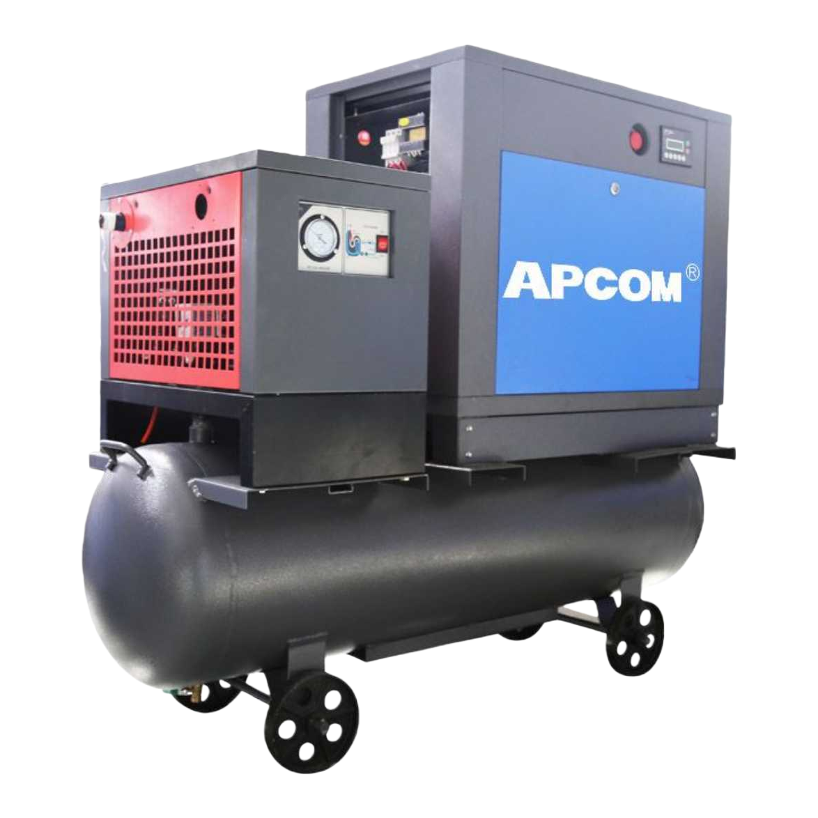 The black air compressor is equipped with a red heat sink, a blue APCOM logo, and a bottom air storage tank with wheels Item Picture