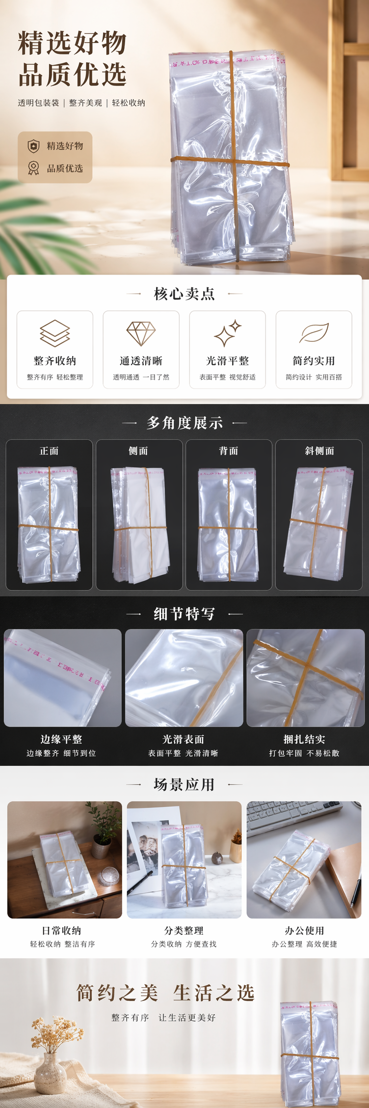 透明塑料袋堆叠装 黄色橡皮筋捆扎 食品级加厚家用收纳详情1