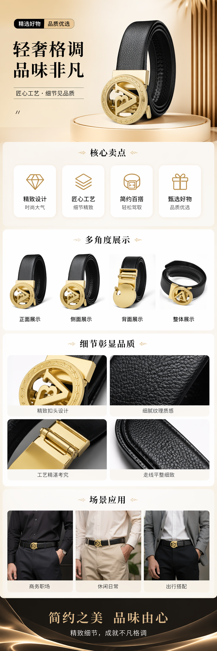 黑色皮质腰带配金色圆形扣环 男士简约百搭腰带详情1
