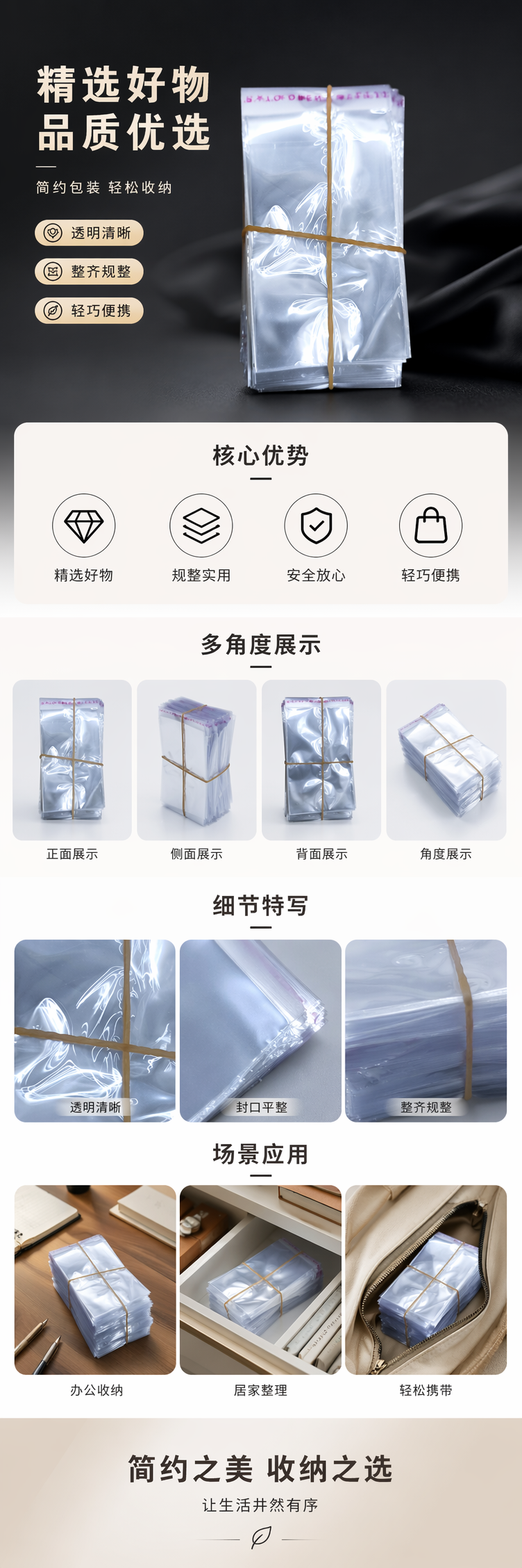 透明塑料袋堆叠式 黄色橡皮筋捆扎 家用厨房收纳整理袋 pic 1