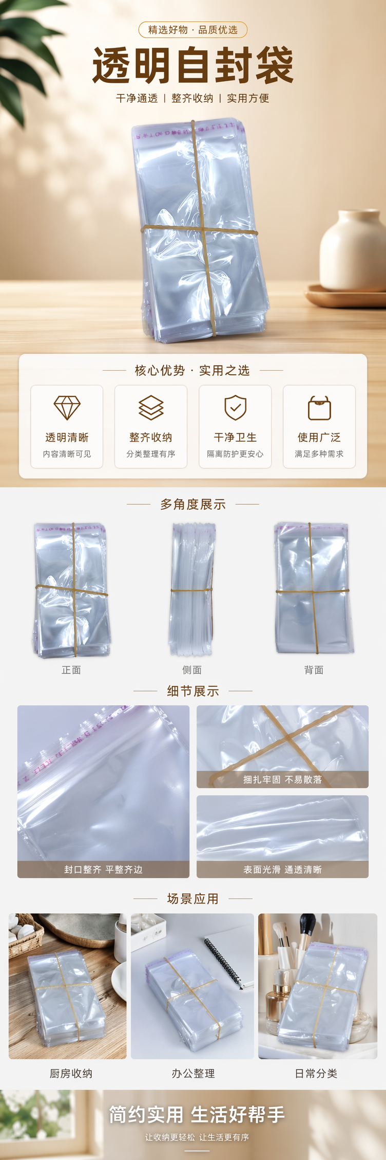 透明塑料袋堆叠装 黄色橡皮筋捆扎 加厚承重家用厨房收纳 pic 1