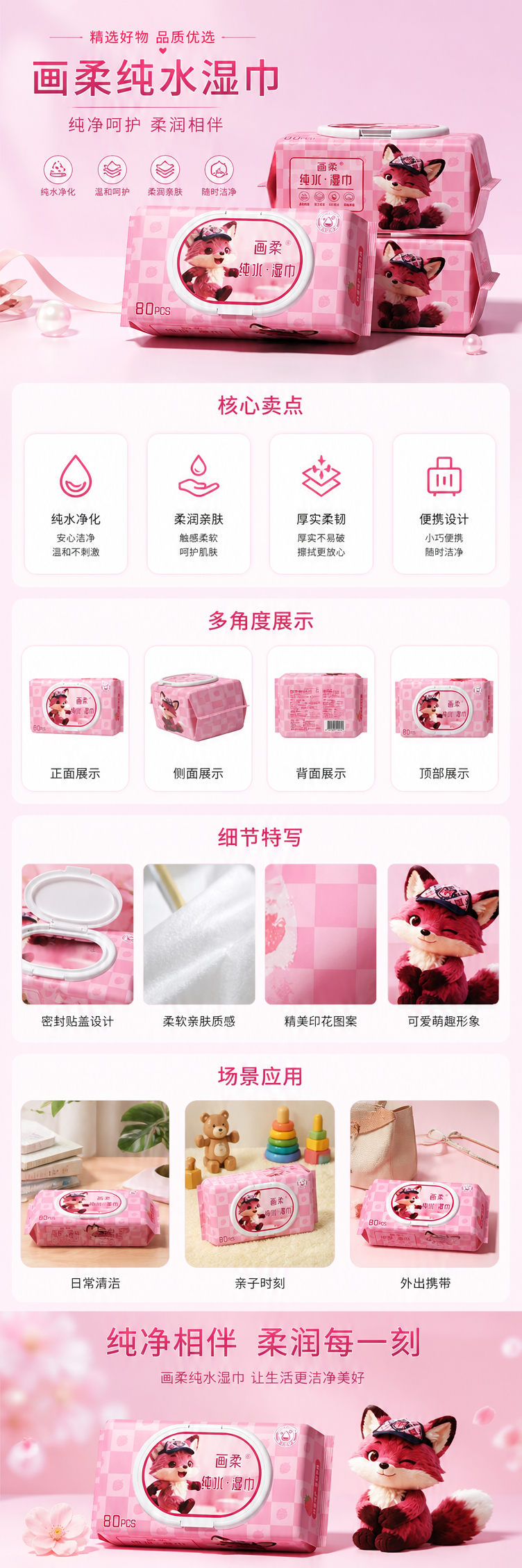 粉色格子包装卡通狐狸湿巾 便携式婴儿手口清洁湿巾 pic 1