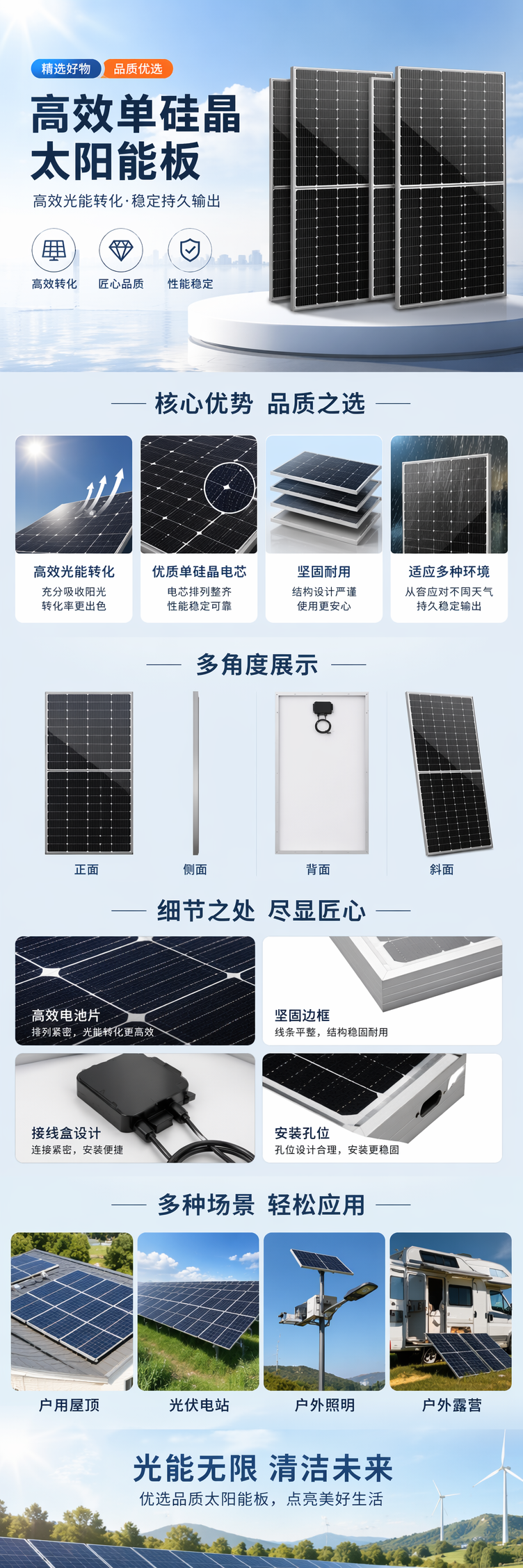 黑色太阳能光伏板组件 12V太阳能电池板刷配太阳能灯 pic 1