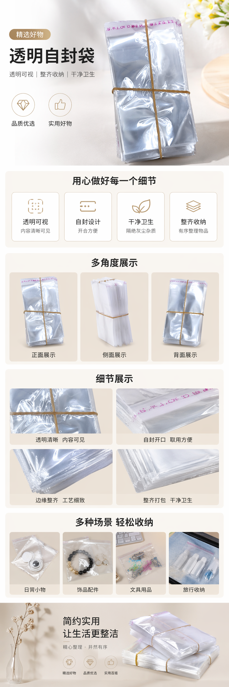 透明塑料袋堆叠装 黄色橡皮筋捆扎 食品级加厚防尘收纳用 pic 1