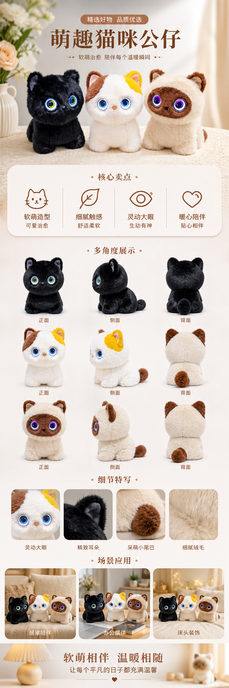 三只发光眼睛毛绒猫咪玩具可爱萌宠布偶摆件详情1