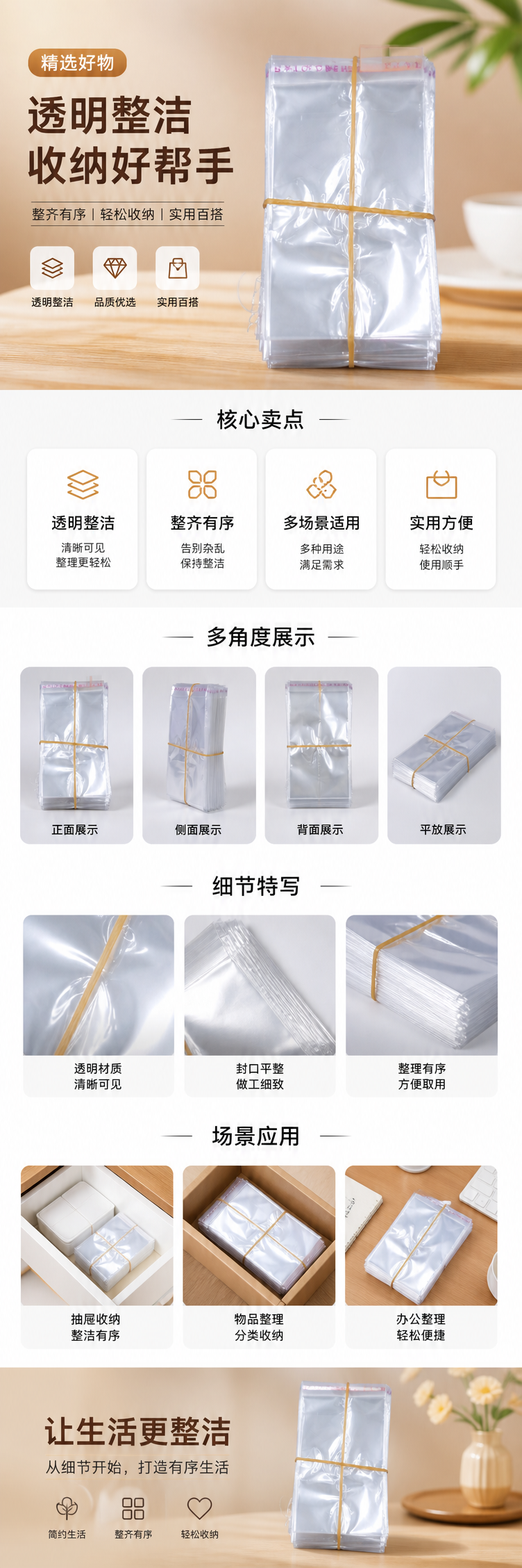 透明塑料袋堆叠设计 黄色橡皮筋固定 食品级便携收纳 pic 1