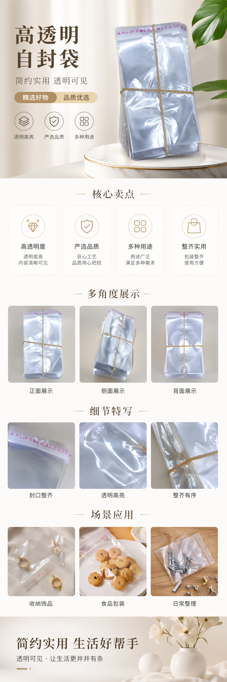 透明塑料袋堆叠装 黄色橡皮筋捆扎 食品级加厚防潮便携 pic 1