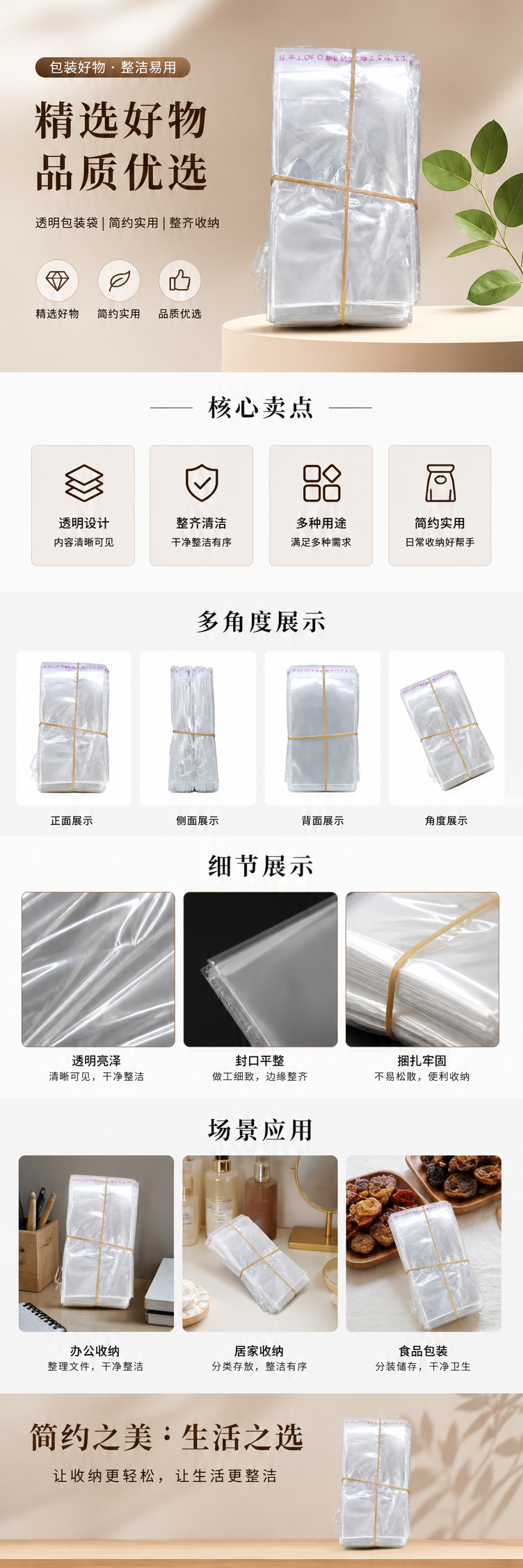透明塑料袋堆叠装 黄色橡皮筋捆绑 100只装 家用收纳袋 pic 1