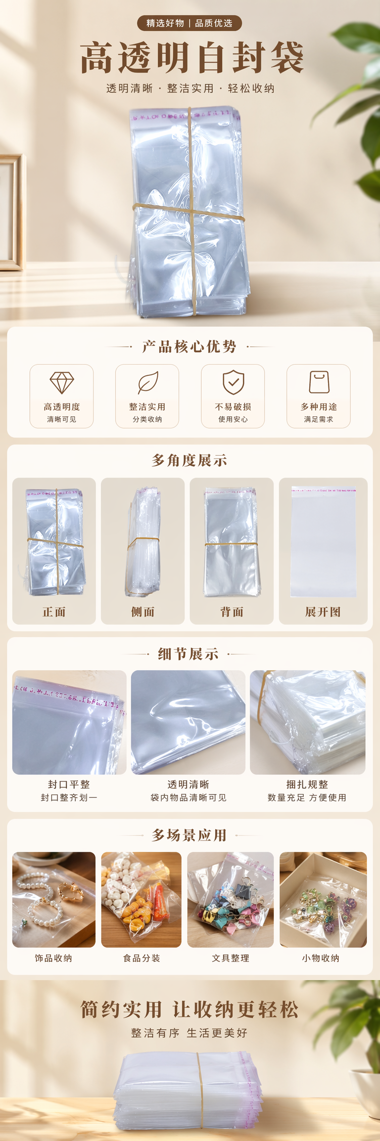 透明塑料袋堆叠装黄色橡皮筋捆绑食品级PE材质厨房保鲜收纳 pic 1