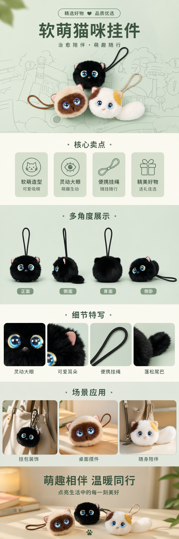 三只毛绒猫咪挂件 黑色棕白相间白黄相间大眼睛挂绳浅绿卡通城市背景详情1