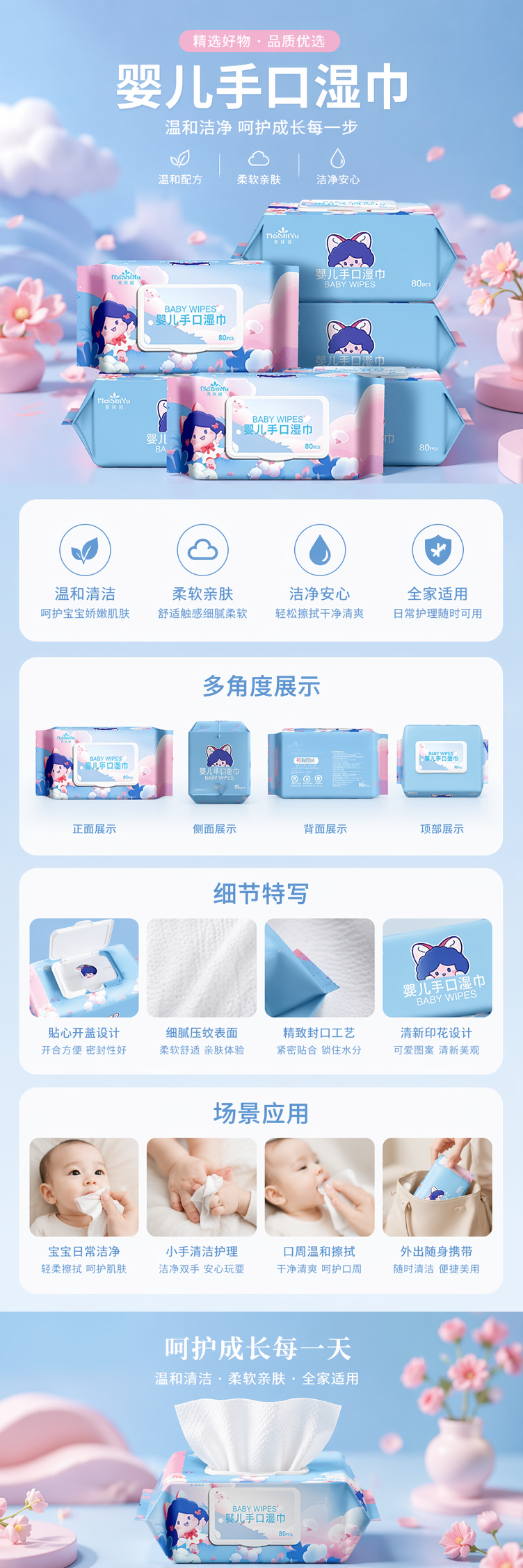 蓝色包装婴儿手口专用湿巾温和无酒精可擦拭脸部手部 pic 1