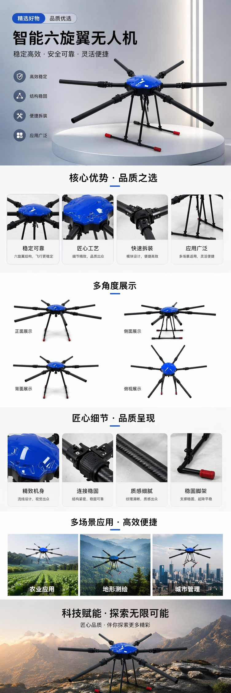 蓝色顶盖黑色机臂六轴无人机详情1