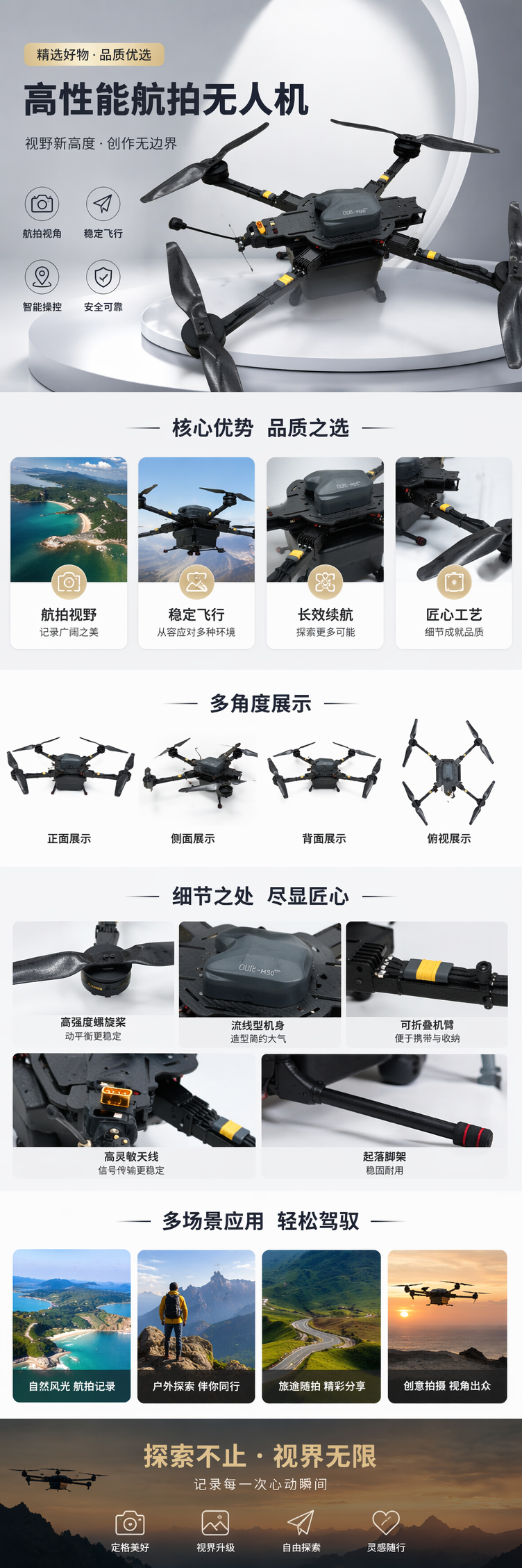 黑色多旋翼无人机航拍高清稳定器可折叠遥控飞行器 pic 1