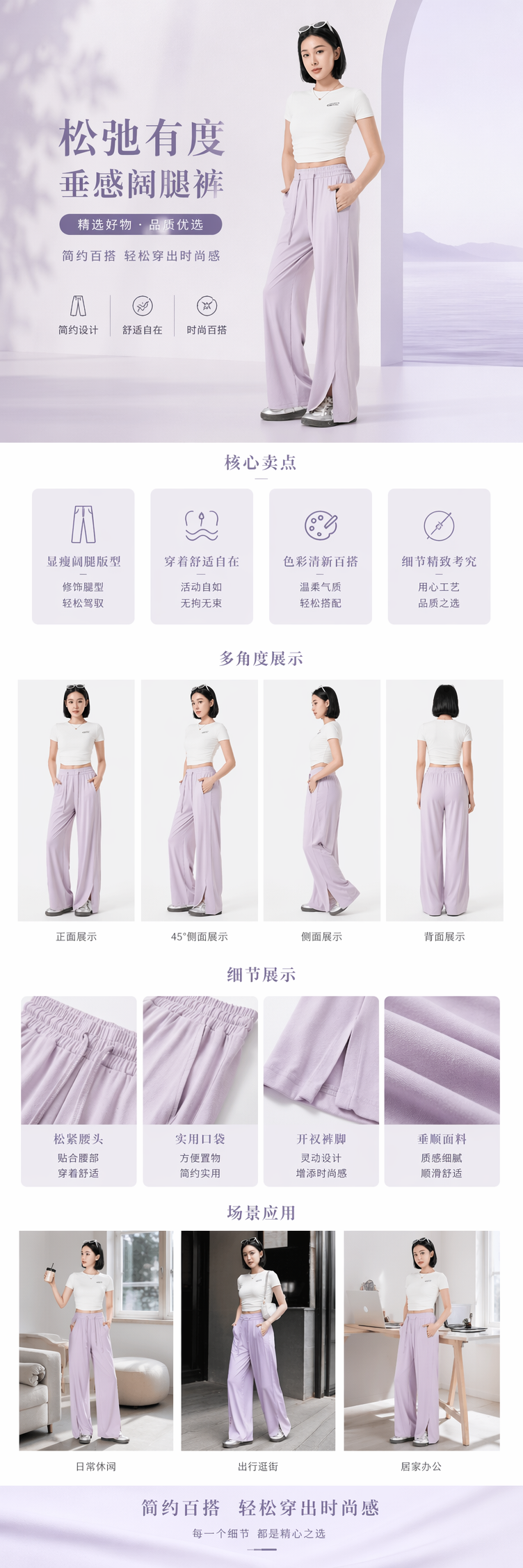 浅紫色阔腿裤配白色短款上衣女模特穿搭详情1